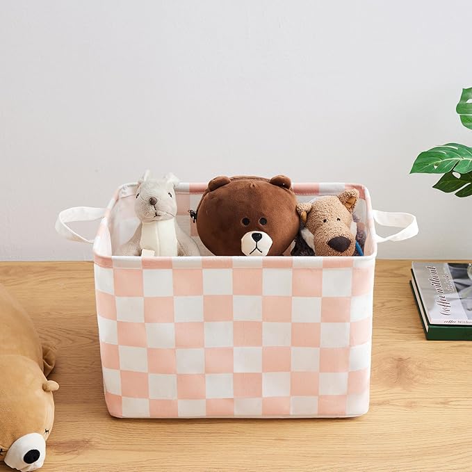 Ohocut Pink White Checkered Canvas Basket, Rectangular Organizing Decorative Storage Basket for Kids Girls Dog Cat Toy, Cute Aesthetic Checkered Room Decor for Home, Bedroom, Classroom, Shelves