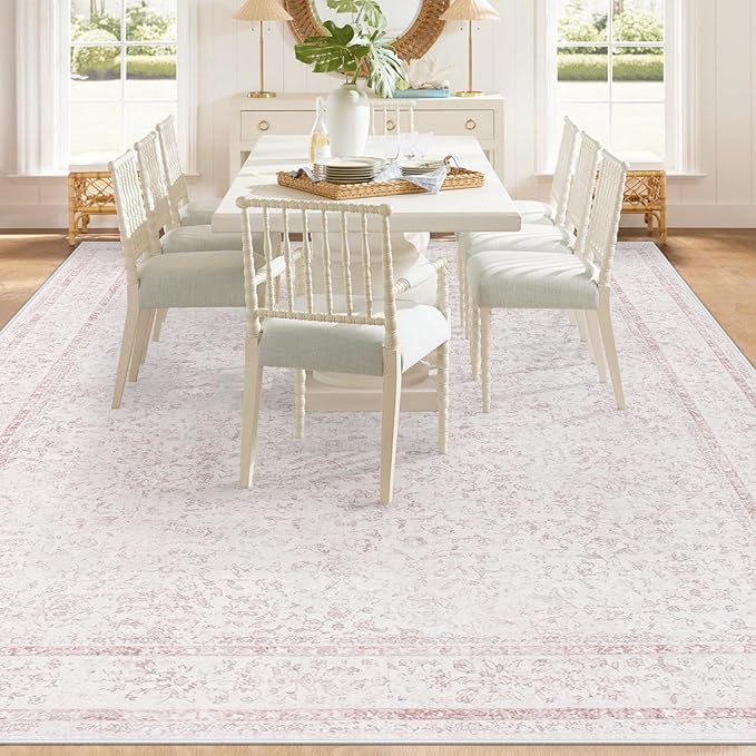 8x10 Area Rugs for Living Room: Washable Large Vintage Floral Rug Low Pile Non-Slip Boho Carpet for Bedroom Home Office Dining Room (Pink, 8'x10')