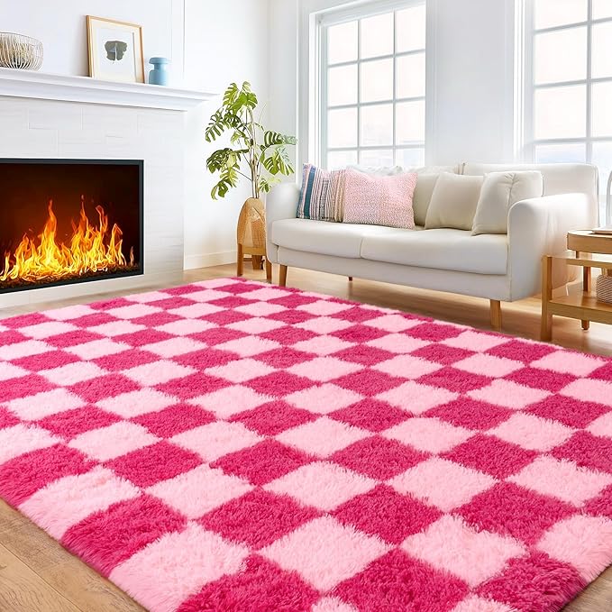 Checkered Rugs for Living Room 6x9, Ultra Soft Fluffy Rug for Bedroom, Modern Shaggy Carpets Rug for Girls Boys Room Home Indoor Nursery Teens Dorm Decor, Upgrade Non-Slip Durable, Pink and Hot Pink