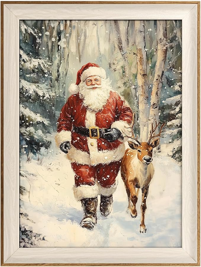 VIYYIEA Winter Framed Wall Art for Living Room, Santa Claus and Reindeer Canvas Prints, Oil Painting Home Decor, Christmas Picture, Bathroom Wall Decor Gifts for Friends or Family - 16L x 12W