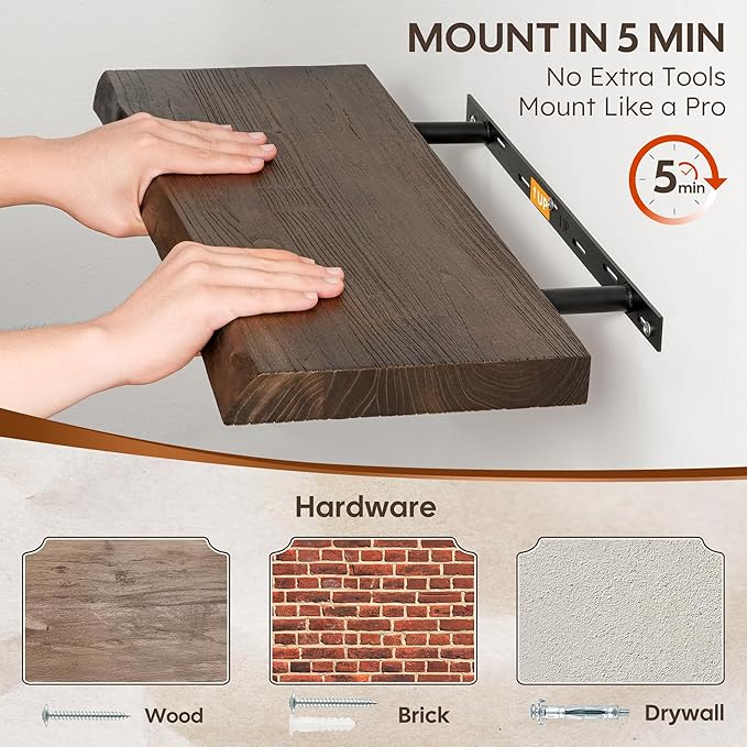 Floating Shelves Set of 2, Solid Elm Wood Wall Shelves 24 Inch - Invisible Bracket Mount for Living Room, Bedroom, Kitchen, Bathroom - Brown