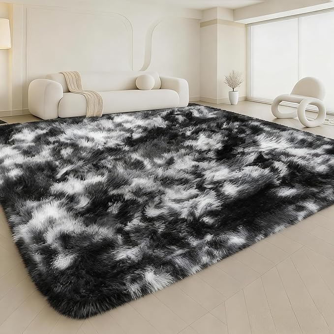 8x10 Area Rugs Living Room, Black White Grey Large Plush Fluffy Bedroom Carpet, Non-Slip Upgraded Indoor Thick Soft Rug, Modern Plush Carpet Suitable for Kids Home Decor Aesthetics Dorm.