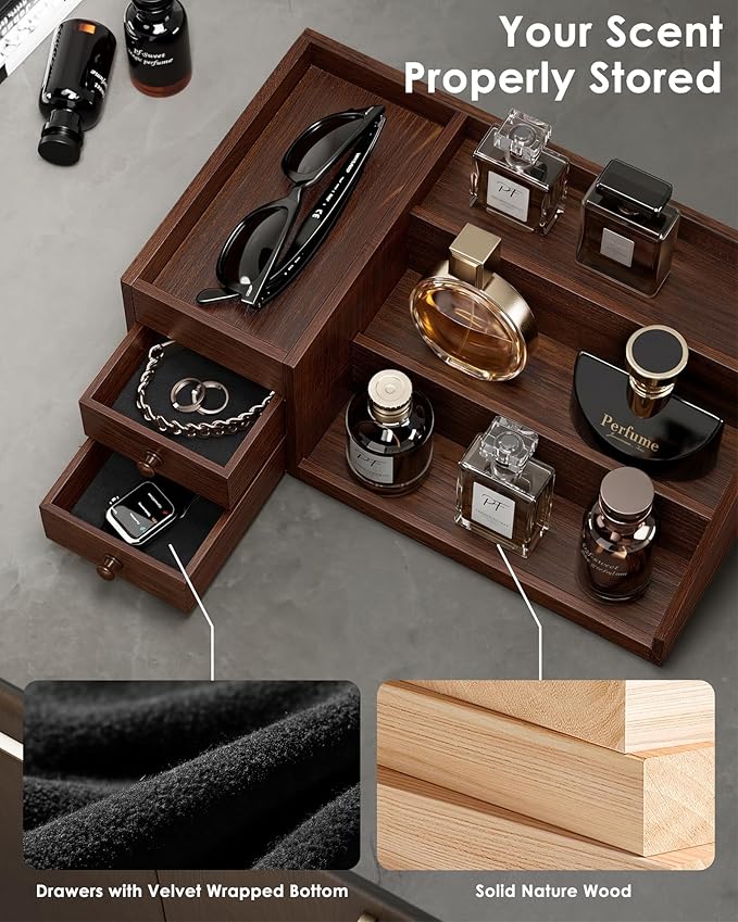 ProCase Wooden Cologne Organizer for Men, 3-Tier Elevated Wood Perfume Storage Display Shelf with Drawers, Dresser Storage Stand Riser for Fragrance Skin Care, Gift for Boys Men Dad Husband -Brown