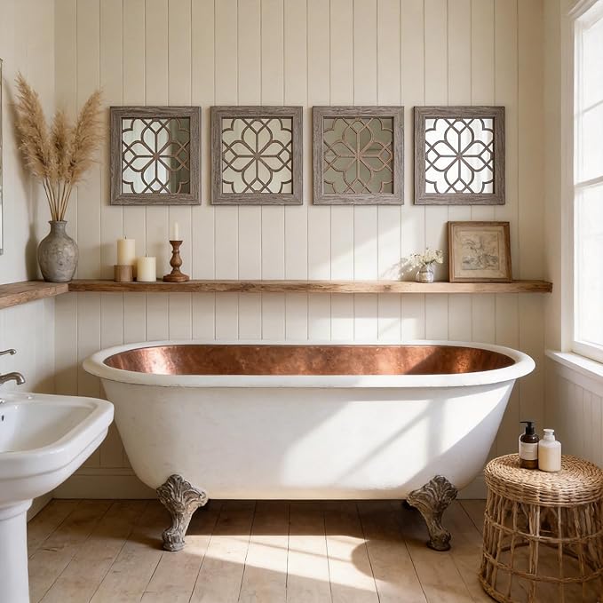 Set of 4 14 Inch Square Brown Window Pane Wall Mirrors, Shatterproof Rustic Farmhouse Boho Vintage Decorative Mirrors for Living Room Bedroom Bathroom Entryway