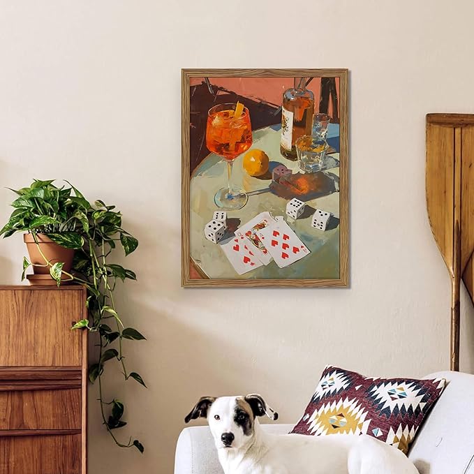 Framed Cocktail Bar Wall Art, Vintage Dice And Poker Canvas Wall Decor Painting, Whiskey Liquor Bar Still Life Artwork Poster Print Picture for Men Game Room Kitchen Dining Room Home Decor 12x16 Inch