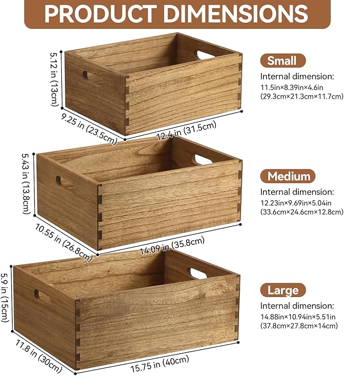 KIRIGEN Nesting Wooden Crates with Portable Handles for Home Organizer - Wood Rustic Decor Farmhouse Boxes / Basket Rolling Trays set of 3 Dark Brown