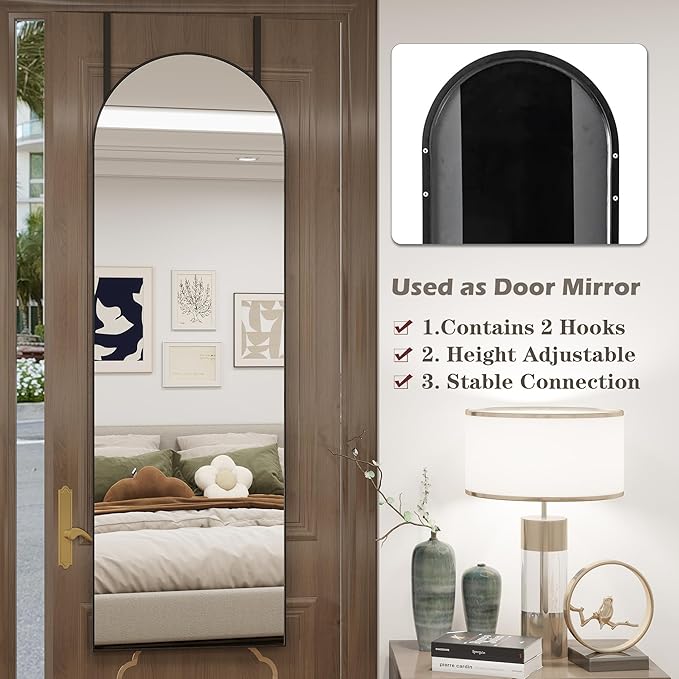 Arched Full Length Door Mirror 14x48, Metal Frame with Protective Film, No-Drilling Hanging or Wall Mount, Hooks & Hardware Included, Full Body Mirror for Bedroom, Dorm, Black