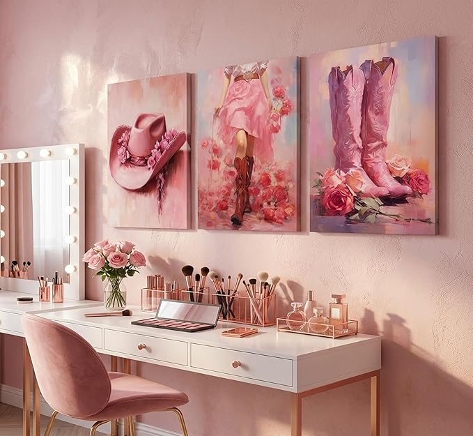3Pcs Pink Cowgirl Canvas Wall Art Funky Cowgirl Boots Pictures Wall Decor Western Flower Boots Hat Aesthetic Posters Prints Paintings for Preppy Room Bedroom Apartment Decoration Prepare to hang