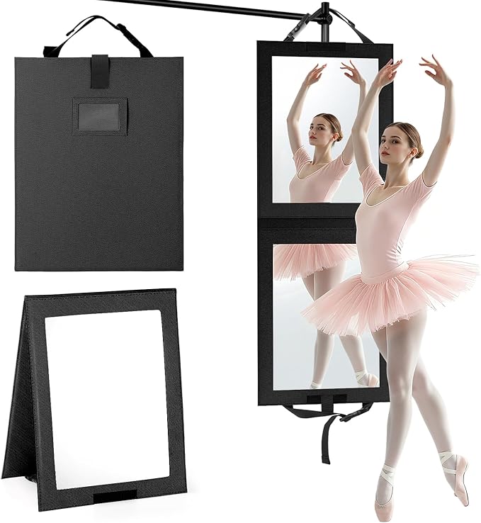 Shinowa Foldable Portable Full Length Mirror for Dancer, Camping and Travel, Shatter-Proof Acrylic Hanging Mirror with Handle, 33x13 Inch Full Body Travel Backstage, Black