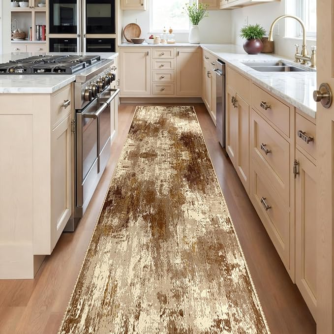 RELEANY Washable Area Rugs 2'x10' Non-Slip Modern Abstract Soft for Living Room Entryway Bedroom Nursery, Print Pattern, Brown Tan Beige Coffee