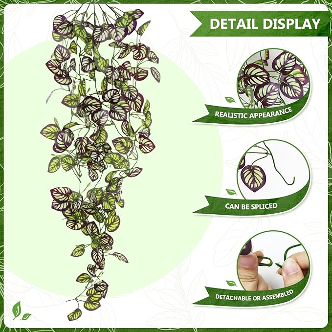 2-Pack Fake Hanging Plants, Faux Hanging Plant Artificial Greenery for Living Room Bedroom Boho Wall Shelf Indoor Outdoor Decor (Purple Feather Leaf)