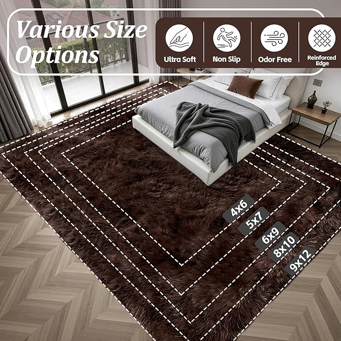 Fluffy 5x7 Area Rugs for Living Room Bedroom: Ultra Soft Shag Rug Non-Slip Non-Shedding Small Plush Bedside Rug Indoor Floor Carpets for Kids Room Playroom Entryway Nursery Dorms Home Decor Brown