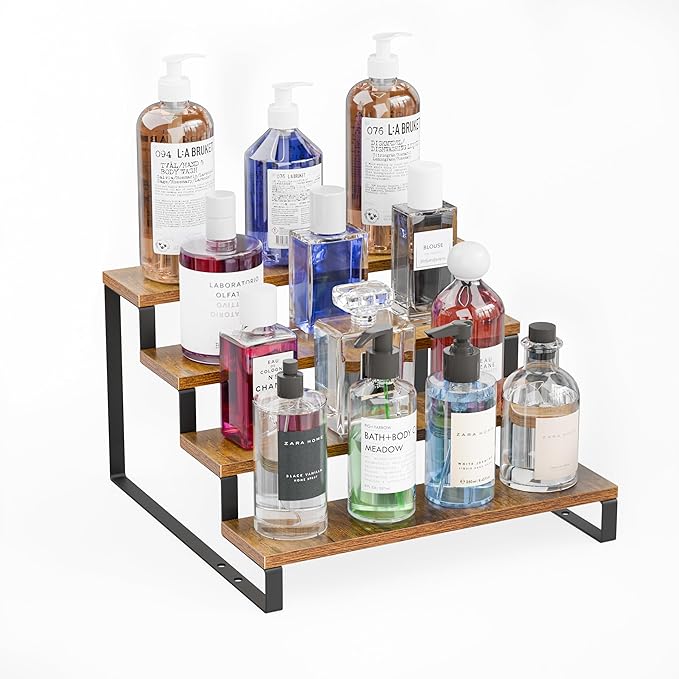4 Step Wood Countertop Display Riser Stand,Wooden Display Riser Shelf,Spice Rack Organizer,Countertop Display Shelf for Perfume,Makeup,Figure, Bottles,Jars,Baking Supplies (Rustic Brown)