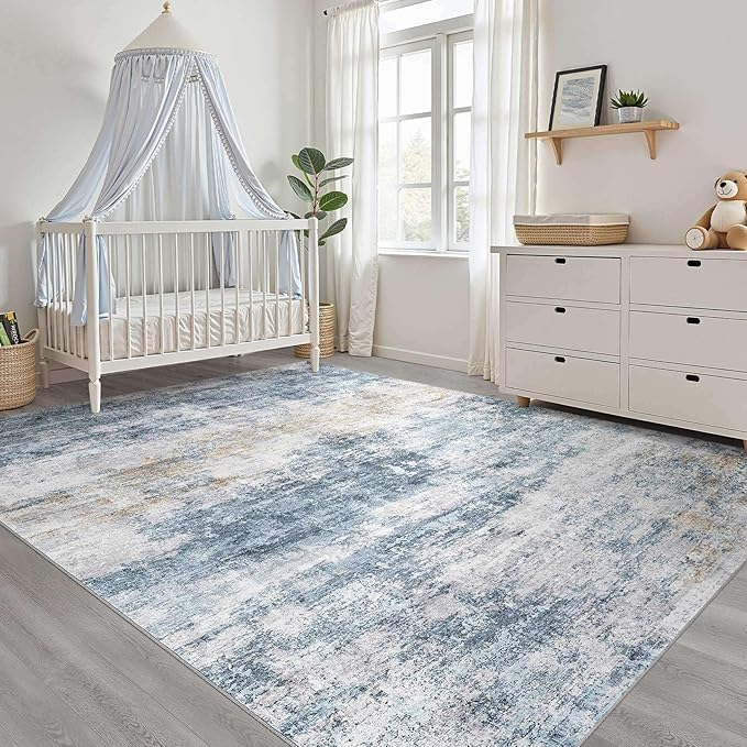 10x14 Area Rugs Living Room: Washable Large Neutral Rug Abstract Soft Modern Stain Resistant Indoor Floor Non-Slip Carpet for Bedroom Nursery Kids Office Playroom Dining Room Under Table- Blue Gold