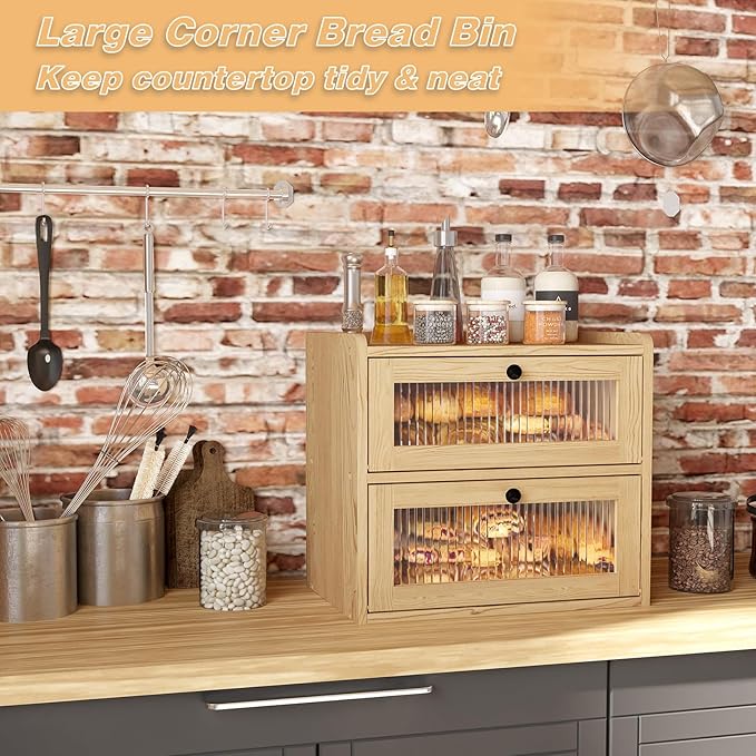 Alpeir Double Layer Large Bread Box for Kitchen Counter, Wooden Corner Bread Storage Container with Acrylic Window, Original
