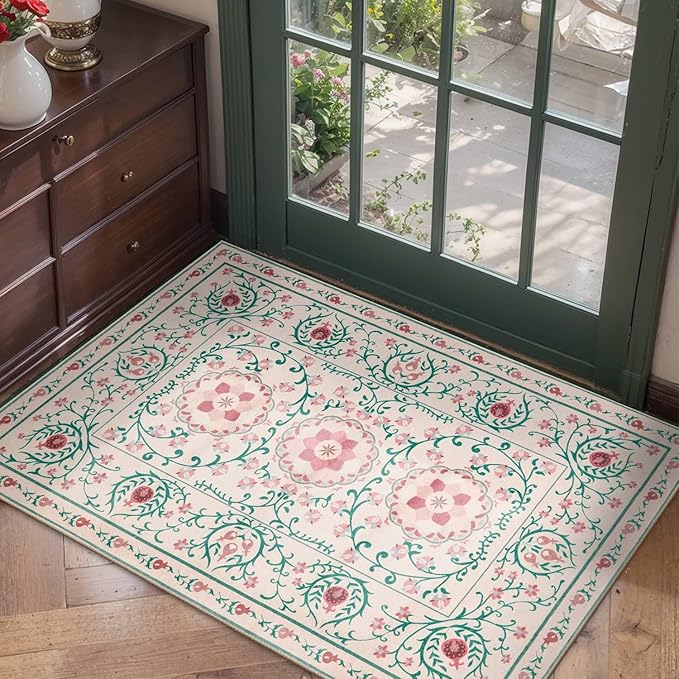 Rugxara Pink Door Mat Floral Entryway Rug, Washable Samll 2x3 Rugs, Boho Front Door Mat, Non Slip Low Pile Throw Carpet for Indoor Entrance,Bathroom,Girls Room and Kitchen(Pink/Green 2x3ft)