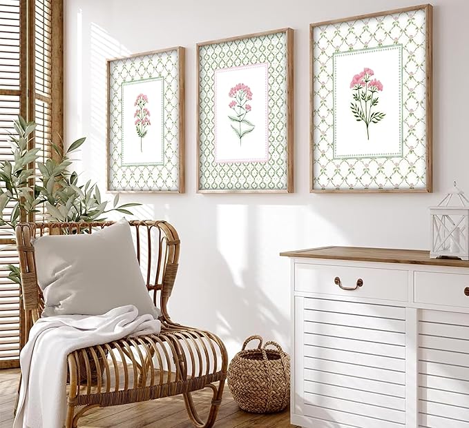 3PCS Green Plaid Pink Floral Wall Art Wildflower Baby Room Painting Picture Wall Decor Botanical Flower Boho Poster Print Artwork for Bedroom living room baby room children's room dining room Home Decoration