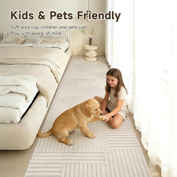 Pauwer 3x12 Washable Area Rugs for Living Room Modern Beige Solid Color Soft Fluffy Rugs for Bedroom Non Slip Boho Accent Indoor Mat Floor Carpet Cover for Kids Dining Room Kitchen Office