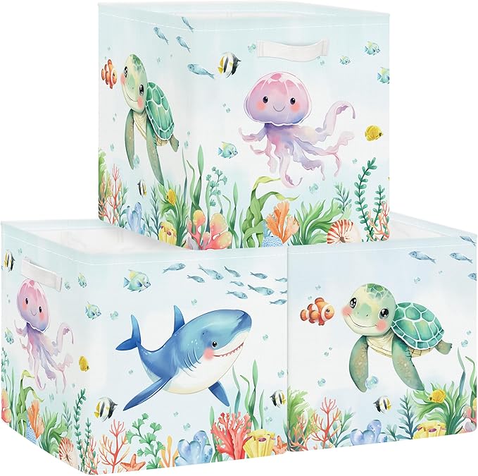 11.8" Marine Animals Cube Storage Organizer Set 3Pcs Ocean Sharks Turtles Cube Storage Bin for Bathroom/Bedroom Kid Book Toy Chest, Jellyfish