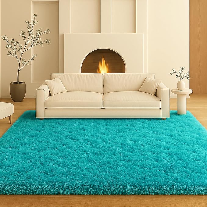 8x10 Area Rugs Living Room, Large Plush Fluffy Bedroom Carpet, Non-Slip Upgraded Indoor Thick Soft Rug, Modern Plush Carpet Suitable for Kids Home Decor Aesthetics Dorm,Teal Blue.