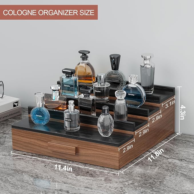 Solid Walnut Cologne Organizer for Men,Cologne Stand,4 Tier Wooden Cologne Holder Shelf Display,Perfume Stand Organizer with Drawer Storage and Hidden Compartment,Gift for Men Dad Husband