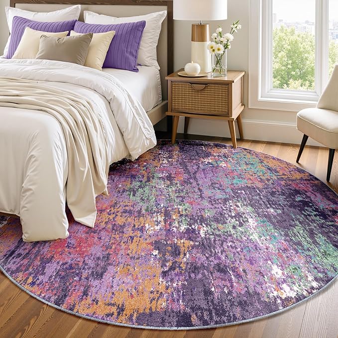 RELEANY Washable Area Rugs 6ft Non-Slip Modern Abstract Soft for Living Room Entryway Bedroom Nursery, Print Pattern, Purple Orange Blue Green Rust Red Colorful