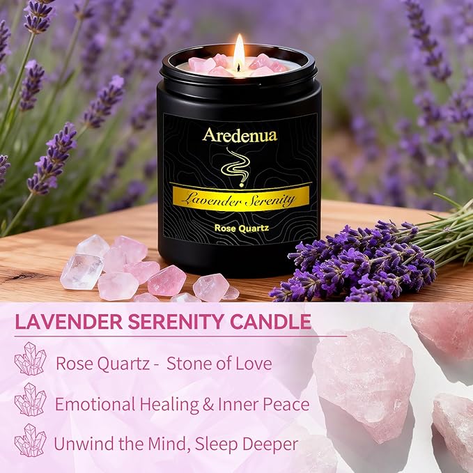 Lavender Candle for Sleep and Stress Relief, Rose Quartz Crystal Healing Candle with Natural Soy Wax, Scented Candle for Relaxation, 7oz Long Lasting 50 Hours, Calming Gifts for Women Men