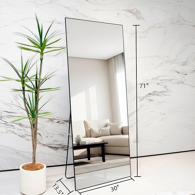 Full Length Mirror 71"x30"Rectangle with Stand Aluminum Alloy Frame Wall Mountable Tempered Glass Full Body Mirror, Standing Hanging or Leaning Against Wall for Bedroom and Living Room Black
