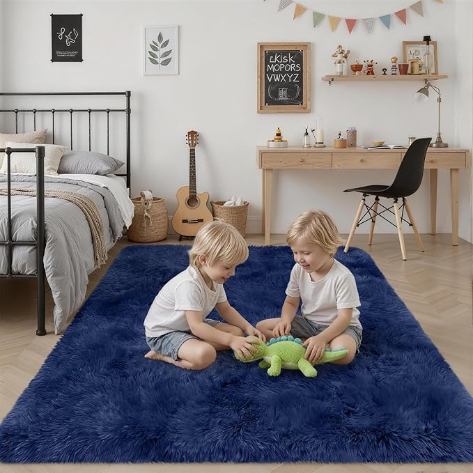 6x9 Area Rugs for Living Room Bedroom: Ultra Soft Fluffy Shag Rug Upgrade Non-Slip Non-Shedding Large Fuzzy Plush Carpet Indoor Floor Carpets for Kids Room Playroom Nursery Dorms Home Decor Blue
