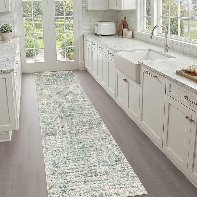 Runner Rug Non-Slip Kitchen Rug: 3x10 Washable Abstract Modern Soft Stain Resistant Indoor Floor Neutral Accent Throw Carpet for Hallway Bathroom Laundry Room Bedroom Entryway- Green