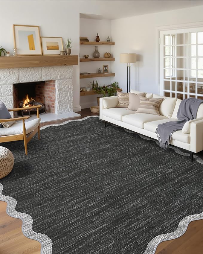 GarveeHome Scalloped Washable Rugs 9x12 Area Rug for Bedroom Modern Rug Non Slip Throw Rugs Large Living Room Rug Low Pile Soft Stain Resistant Carpet for Nursery Dining Room 9 ft x12 ft Black