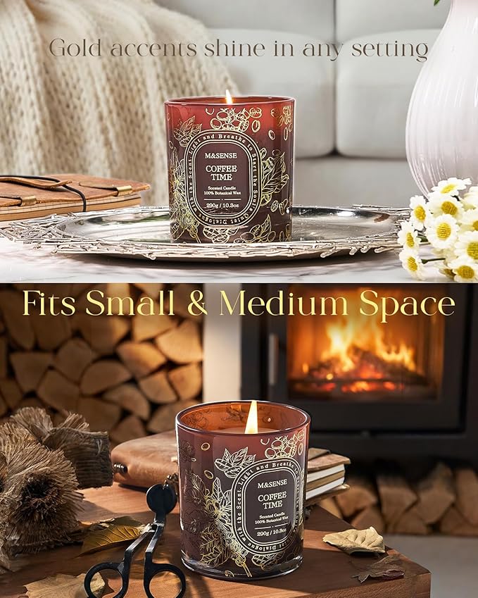 M&SENSE Coffee Scented Candle, Clean-Burning Non Toxic Soy Wax Candle, Cozy Stress Relief Coffee Aroma, 55 Hours Long Burning 10.3oz, Office Housewarming Gifts Home Decor for Women Men