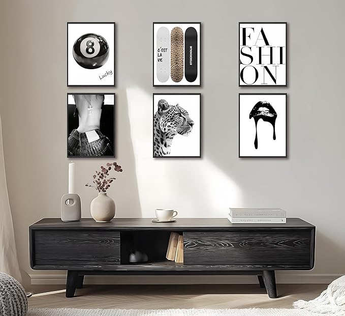 6 Piece Fashion Trendy Leopard Wall Art Black White Aesthetic Cheetah Posters Prints Lucky 8 Ball Lips Canvas Paintings for Girls Room Bedroom Apartment Dorm Decoration Unframed