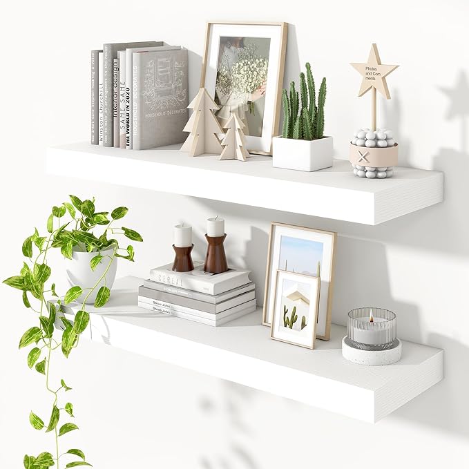 Heimlove 36 Inch Floating Shelves for Wall,Thicker and Deeper Wall Shelves Mounted Storage & Display Wood Shelf,Hanging Shelf for Bedroom Living Room Kitchen Office,Set of 2,White