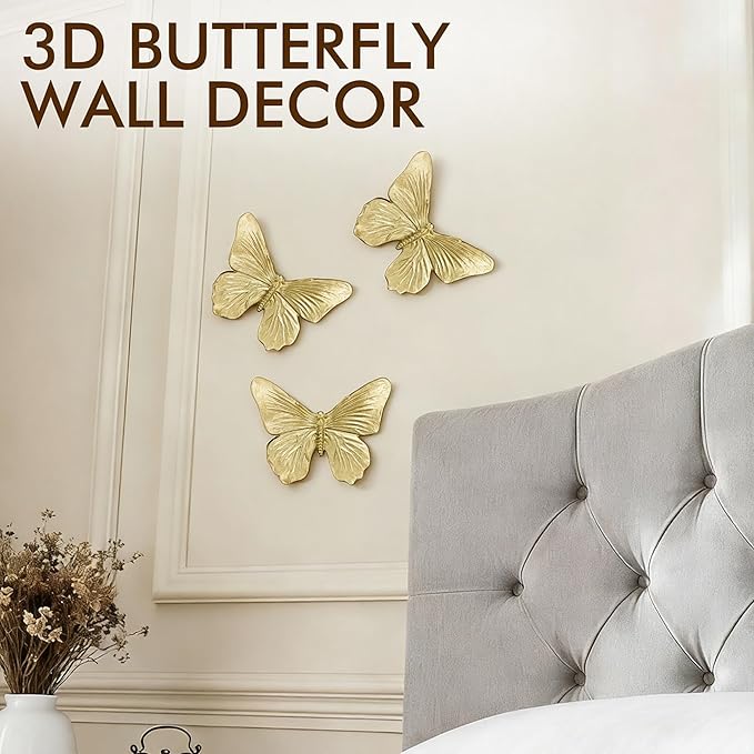 GUSFREUD 3D Butterfly Wall Decor Set – Resin Wall Decorations for Living Room, Bedroom, Garden, Yard, Outdoor and Gallery Walls - Antique Gold - Set of 3