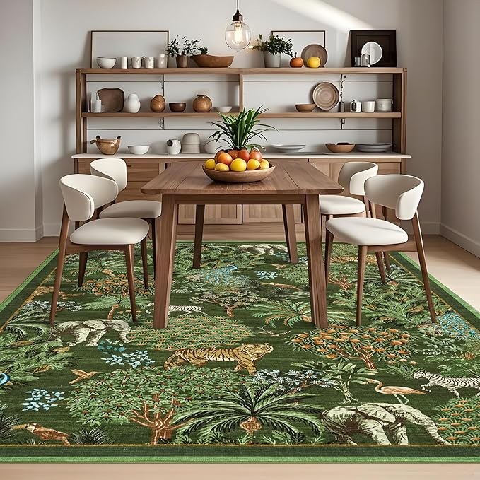 GarveeHome Jungle Animal Print Rug 6x9 Washable Area Rugs for Living Room, Forest Rug Non Slip Low Pile Stain Resistance Large Throw Carpet for Bedroom Dining Room Kids Playroom Nursery, Dark Green
