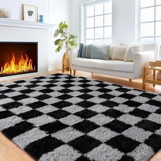 Checkered Rugs for Living Room 6x9, Ultra Soft Fluffy Rug for Bedroom, Modern Shaggy Carpets Fuzzy Rug for Girls Boys Room Home Indoor Nursery Teens Dorm Decor, Upgrade Non-Slip Durable, Dark Grey
