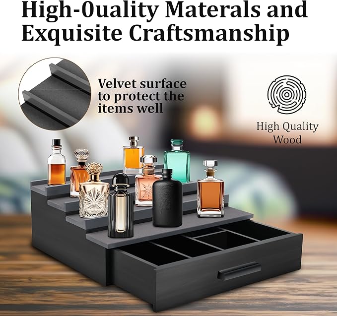 Cologne Organizer for Men，4 Tier Wood Perfume Display Stand with Velvet Lining Drawer and Hidden Compartment ，Perfume Organizer for Men，Great Gift for Man (Black)