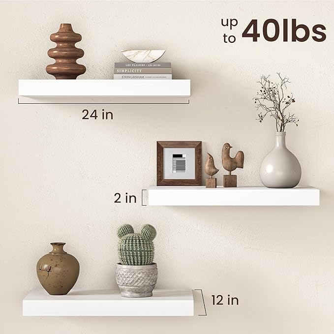 Fun Memories 12 Inch Deep White Floating Shelf, 24 x 12 Rustic Wood Wall Shelf for Books, 2" Thick Deep Floating Shelf for Storage & Display in Kitchen, Living Room, Bedroom, 2 Packs