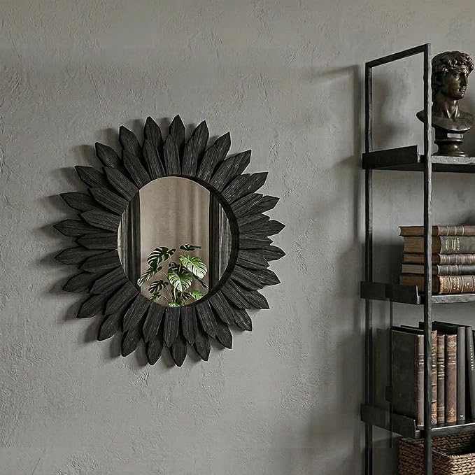 24 Inch Black Boho Wall Decor Sunburst Mirror - Round Wooden Wall Decor, Handmade Rustic Circular Mirror for Living Room, Bedroom, Entryway, Office