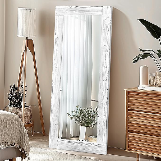 Full Length Mirror 58"x24" – Solid Wood Frame, HD Tempered Glass, Wall Mounted & Leaning, Rustic Modern Decor for Bedroom, Living Room, Entryway, White
