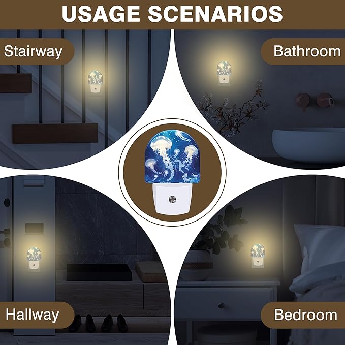 Underwater Night Lights Plug into Wall White Glowing Jellyfish Night Light Dusk to Dawn Smart Sensor Decorative Round Led Lamp for Bedroom Kitchen Hallway Nightlight for Women Men