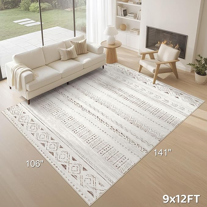 cotiled 9x12 Area Rug Living Room: Washable Boho Rugs with Non Slip Backing Large Soft Indoor Stain Resistant Carpet for Bedroom Farmhouse Dining Room Lightweight Home Decor L Brown/Cream