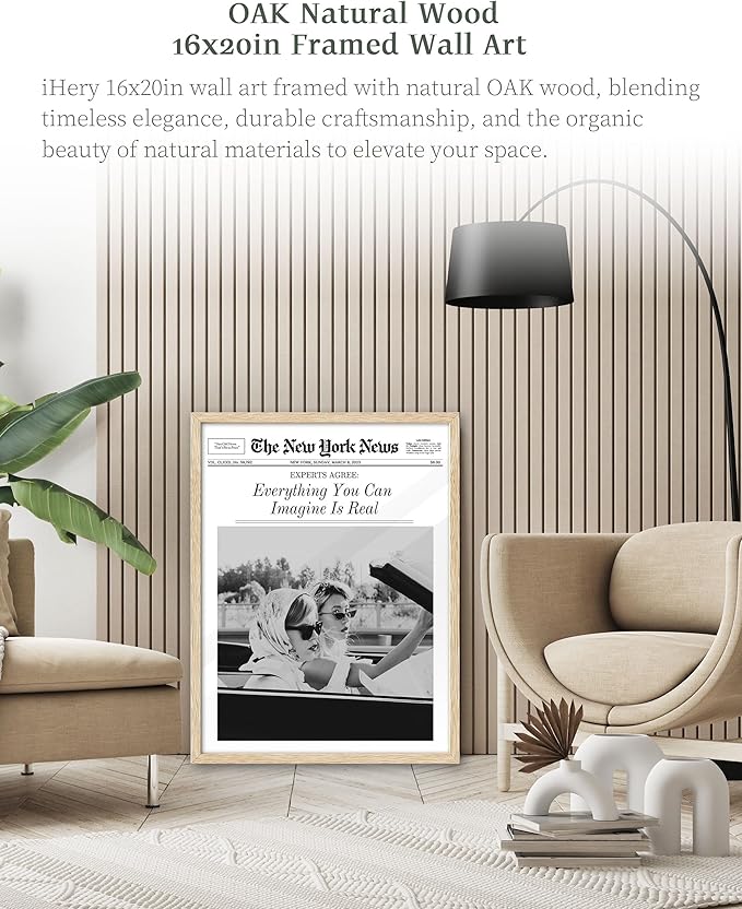 iHery Everything You Can Imagine Is Real Framed Trendy NewsPaper Wall Art, Natural OAK Wood Large 16x20in Canvas Wall Art Decor For Bedroom, Vintage Hot Girls Prints Living Room Home Décor 1Pack