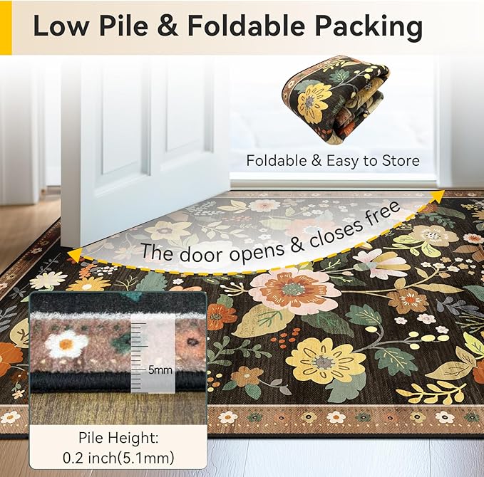 RELEANY Floral Nursery 3x5 Area Rugs Washable Print Boho Cute Carpet Non Slip Flower Low Pile for Living Room Kids Girls Playroom Bedroom Kitchen Office Farmhouse-Black/Yellow/Red