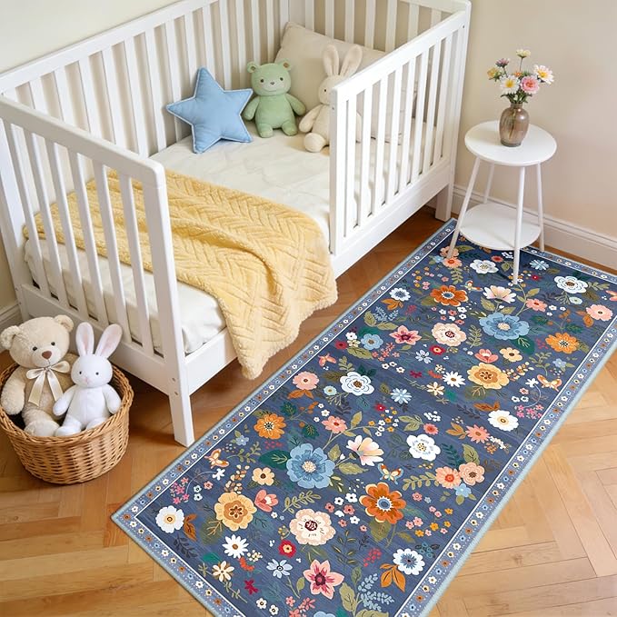 RELEANY Floral Nursery 2x5 Area Rugs Washable Print Boho Cute Carpet Non Slip Flower Low Pile for Living Room Kids Girls Playroom Bedroom Kitchen Office Farmhouse-Blue/Grey