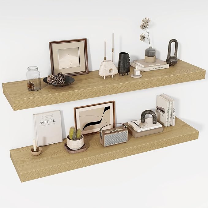 Acovy 48 Inch Floating Shelves, 12" Deep Floating Shelf Wall Mounted, 48" Wall Shelves, Rustic Deep Bookshelf, Extra Deeper & Thicker Display Shelves for Bedroom, Living Room, Oak, Set of 2