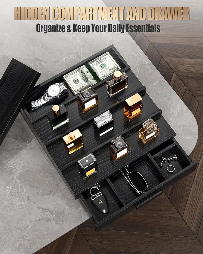 Solid Walnut Cologne Organizer for Men,Cologne Stand,4 Tier Wooden Cologne Holder Shelf Display,Perfume Stand Organizer with Drawer and Hidden Compartment,Gift for Men Dad Husband,Black