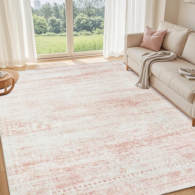 Srugn Washable Rugs 9x12 Area Rugs for Living Room,Rugs for Bedroom,Large Carpets,Ultra Soft Faux Wool Retro Dining Room Rug,Non Slip&Non-Shedding Low Pile Vintage Print Rug for Home Office-Pink White
