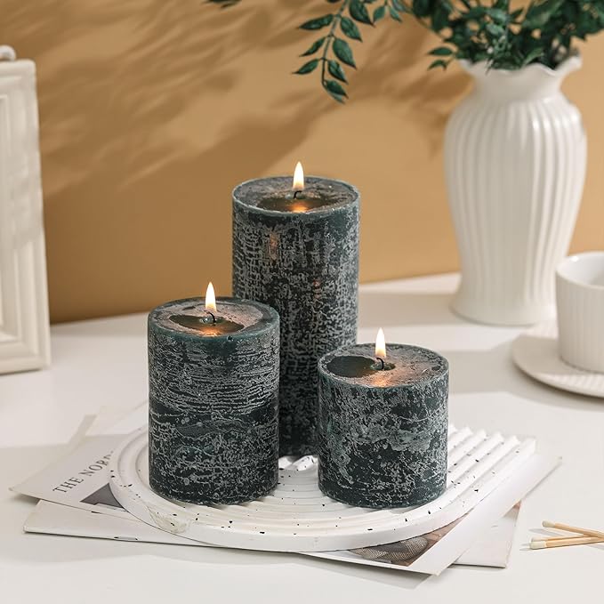 3x3 Inch Dark Green Pillar Candles Set of 3 - Hand-Poured Unscented Candles, Long Clean Burning, Dusty Sage Candle, Smokeless Dripless Candle for Dinner Table, Wedding, Home, Rustic Decor